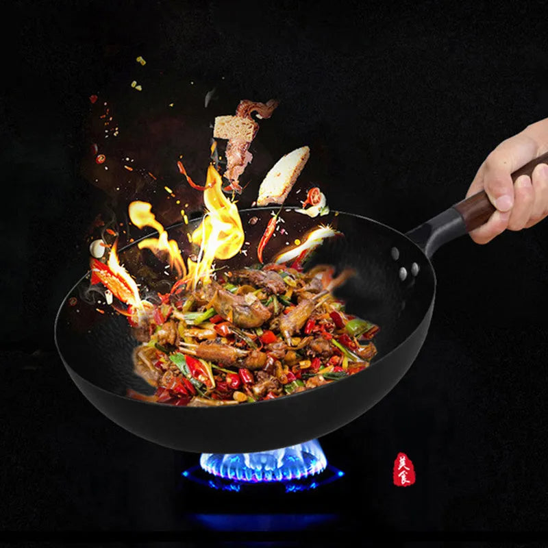 Traditional black iron wok with wooden handle, 40cm diameter with induction-compatible base