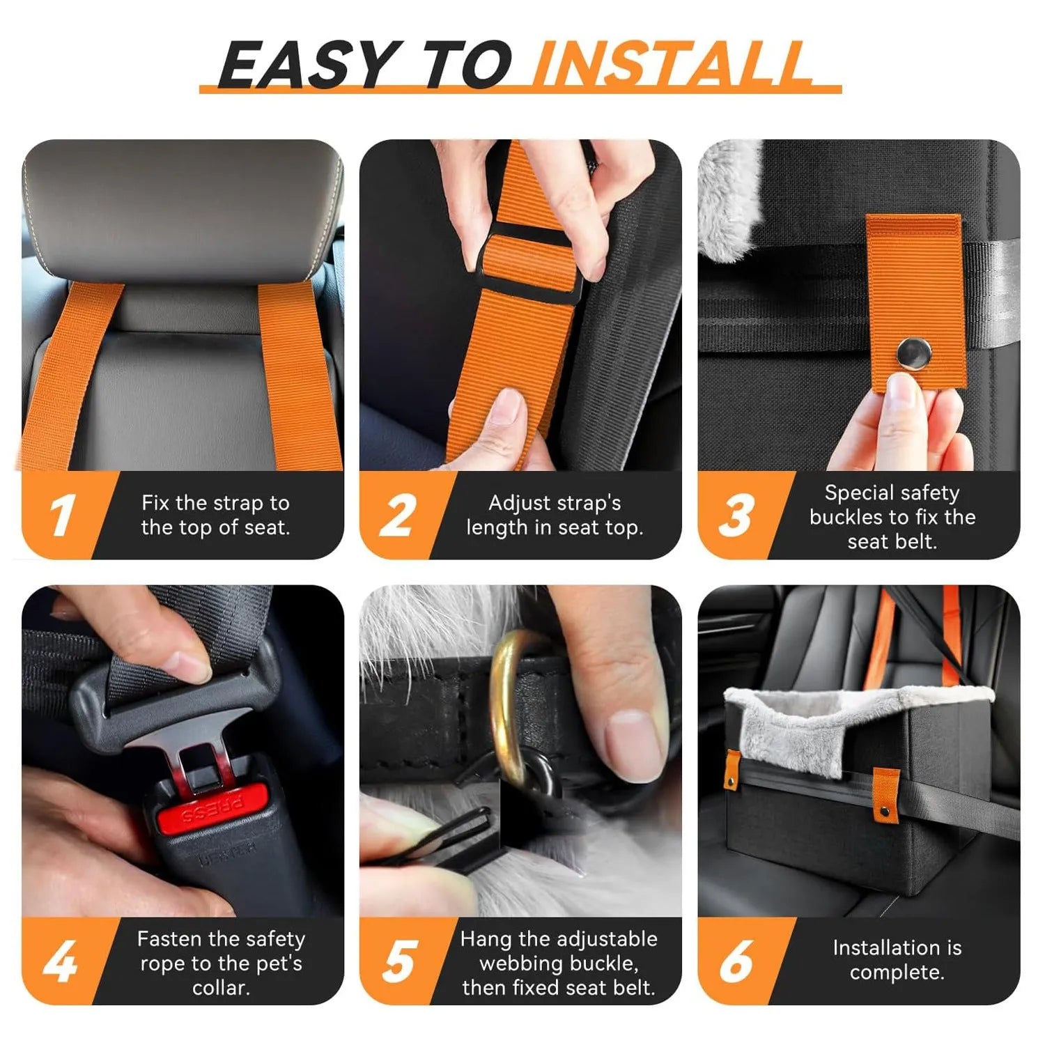 Small dog car seat in grey with safety buckle and fleece lining, measuring 40.6 x 33 x 28 cm