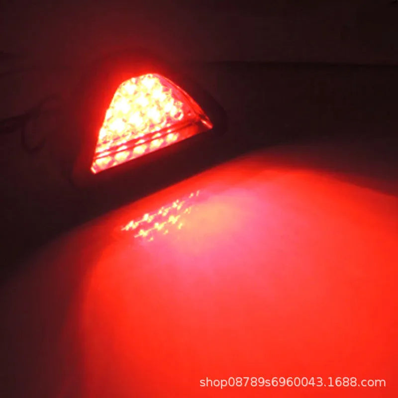 Universal triangular LED brake warning light for car and motorcycle in red, blue, green, white options.