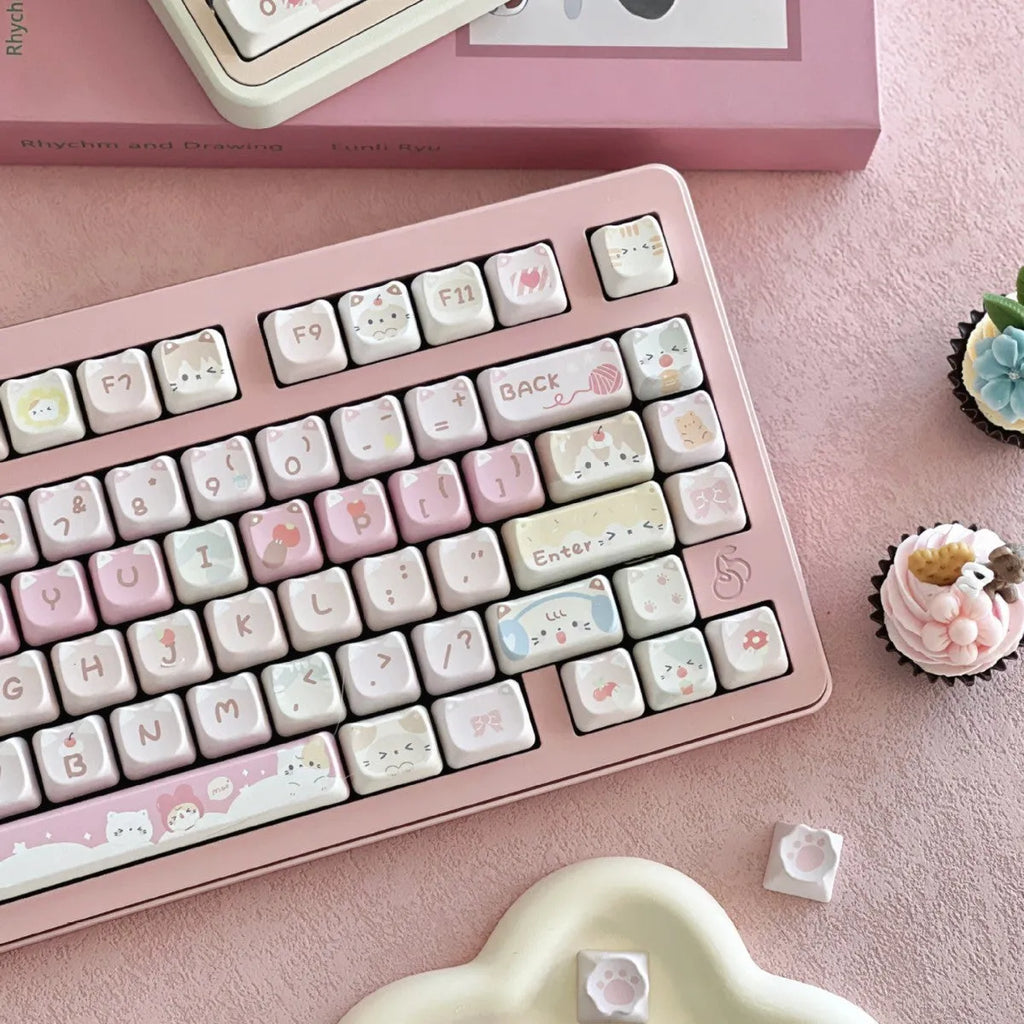 Meow Meow Team Height 141-piece five-sided sublimation key cap set for mechanical keyboards, showing detailed character prints.