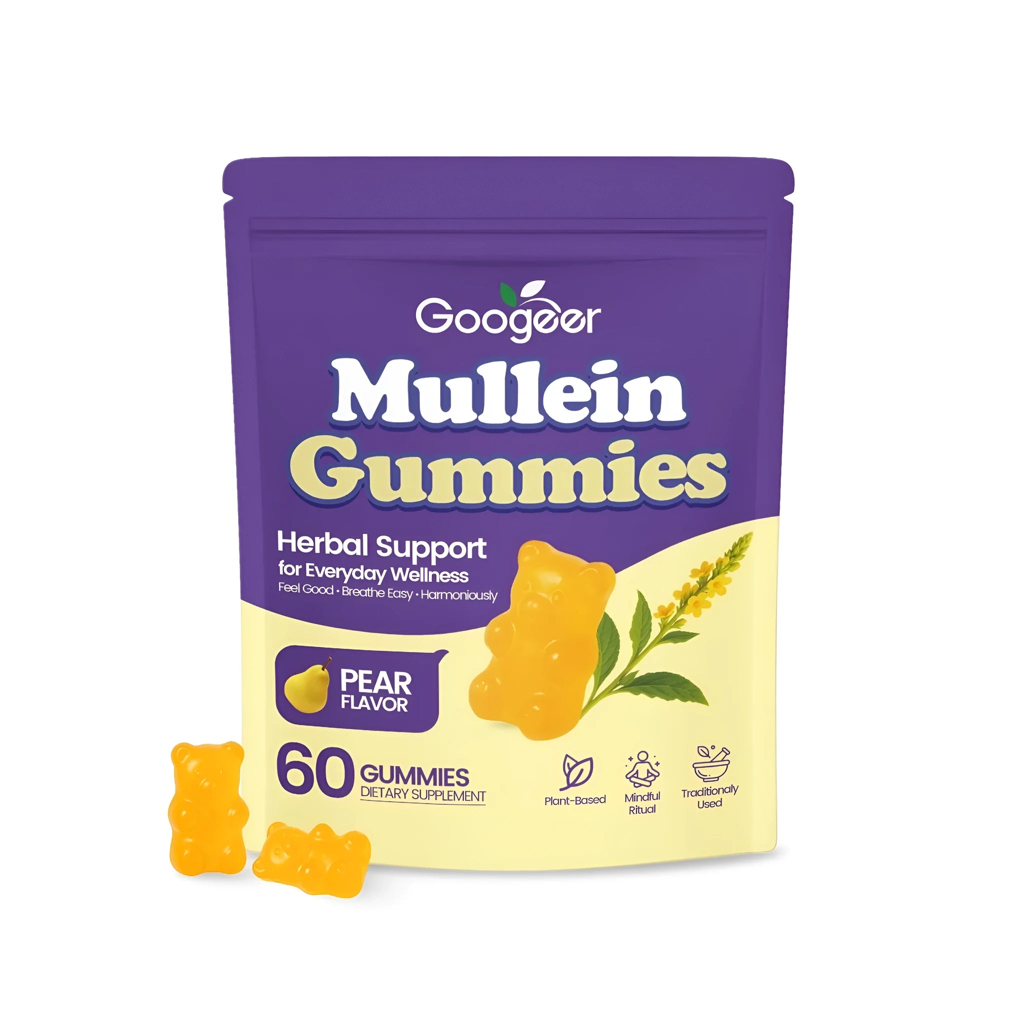 Mullein extract dietary supplement gummies containing verbena officinalis leaf extract in 60-count package