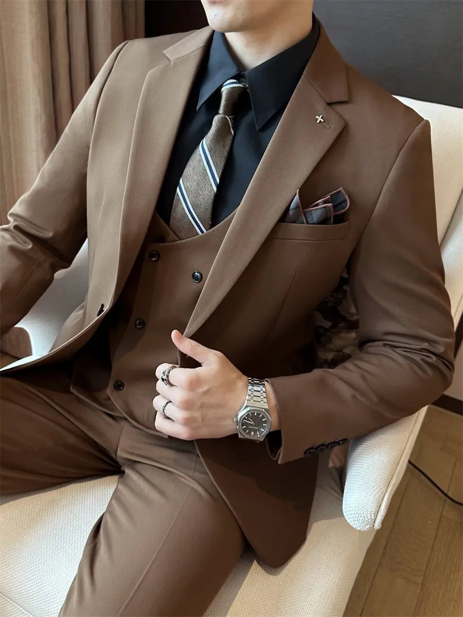 Men's slim fit formal wear business suit set in chemical fibre blended fabric available in three colours