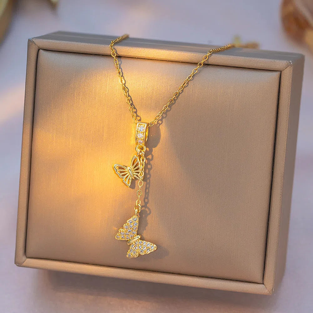 Gold full rhinestone micro-inlaid butterfly tassel necklace on copper pendant with stainless steel O-ring chain