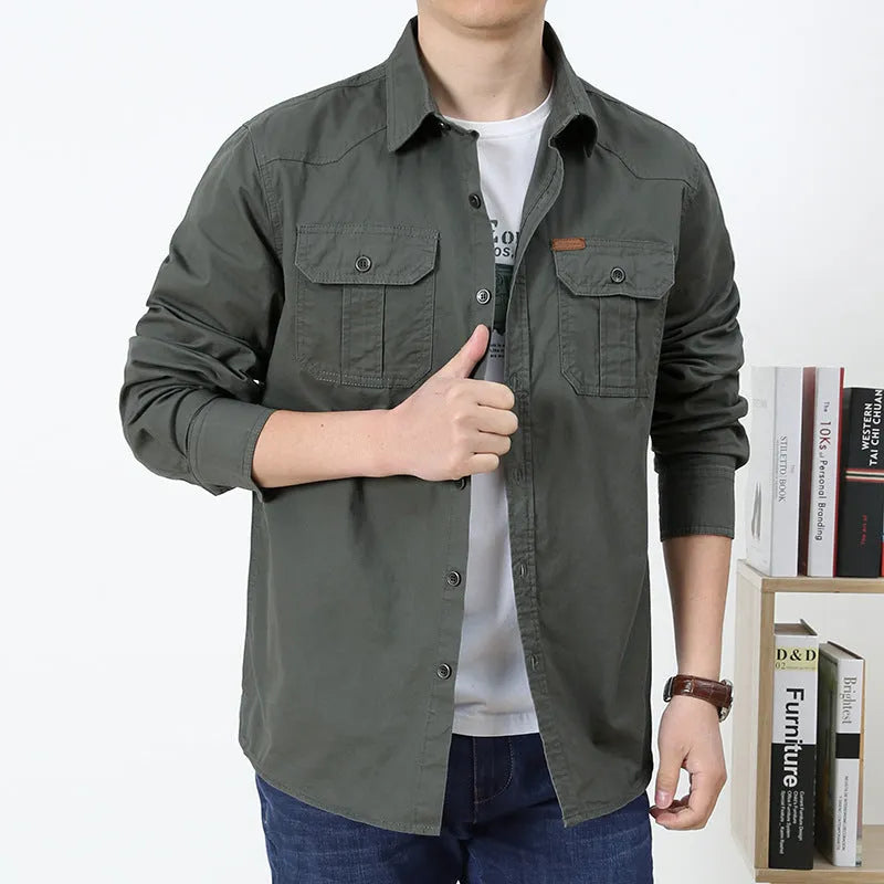 Cotton men's shirt in loose fit long sleeve military style, available in beige and other colours