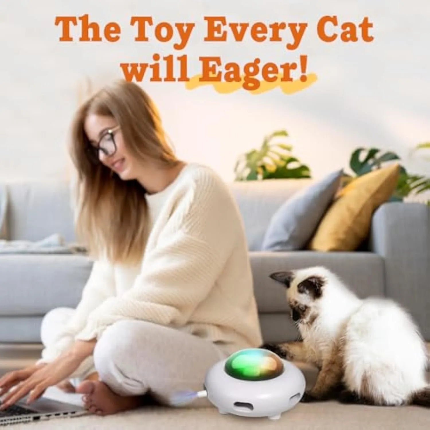 White automatic cat toy with colourful feathers and LED lights for indoor play