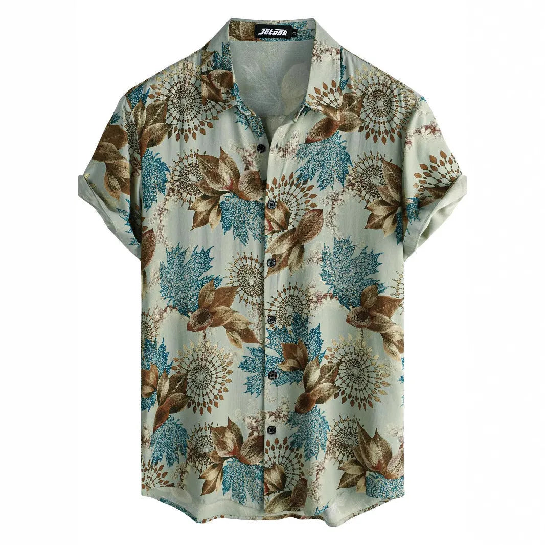 Man wearing a short sleeve Hawaiian print shirt with lapel collar in a floral pattern.