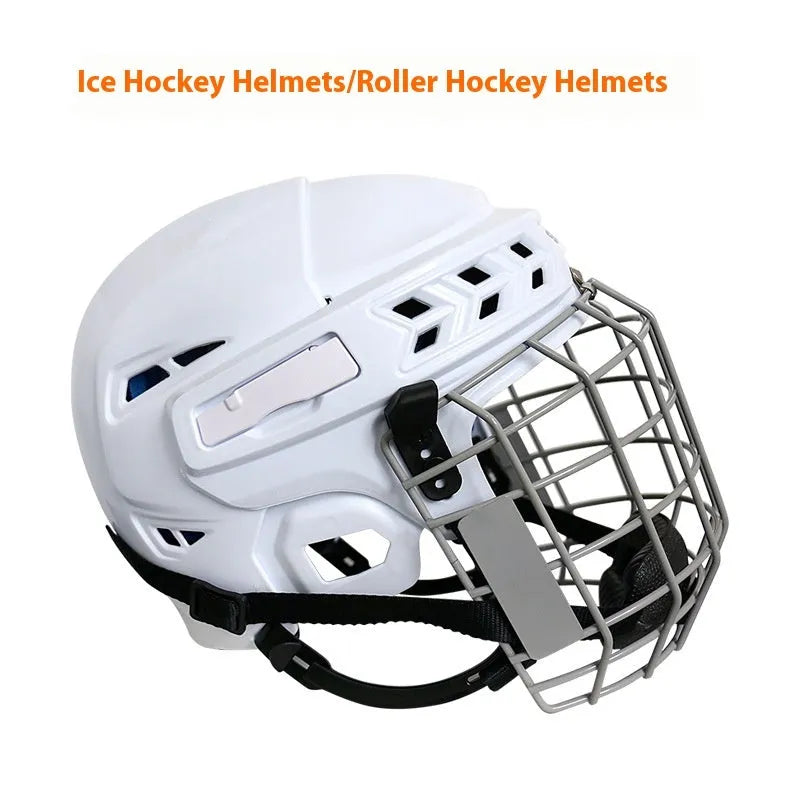 Ice hockey helmet with a carbon steel face mask, shown in an available size.