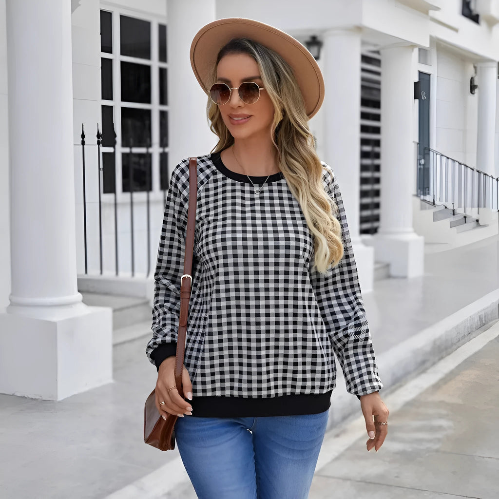 Black polyester pullover sweater with Japanese plaid printed pattern and regular long sleeves