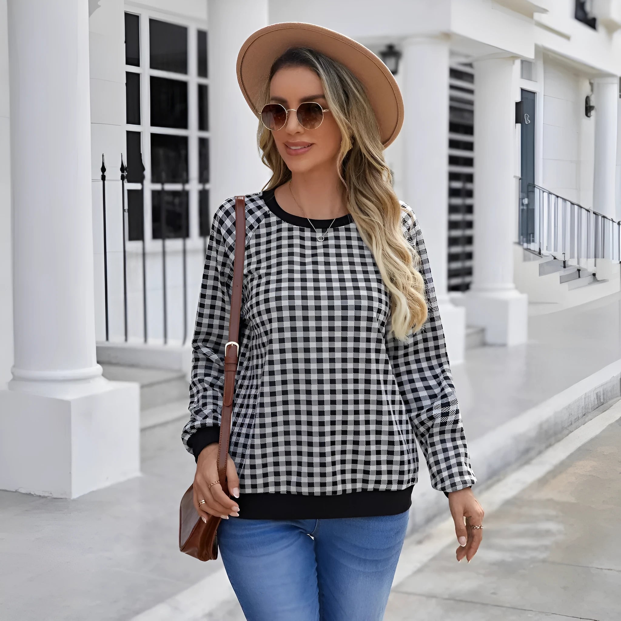 Black polyester pullover sweater with Japanese plaid printed pattern and regular long sleeves