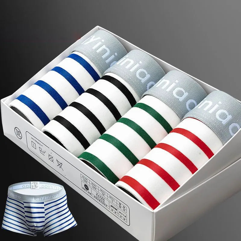 Boxed set of 4 men's cotton striped printed boxer shorts with U convex design, sizes M to 3XL