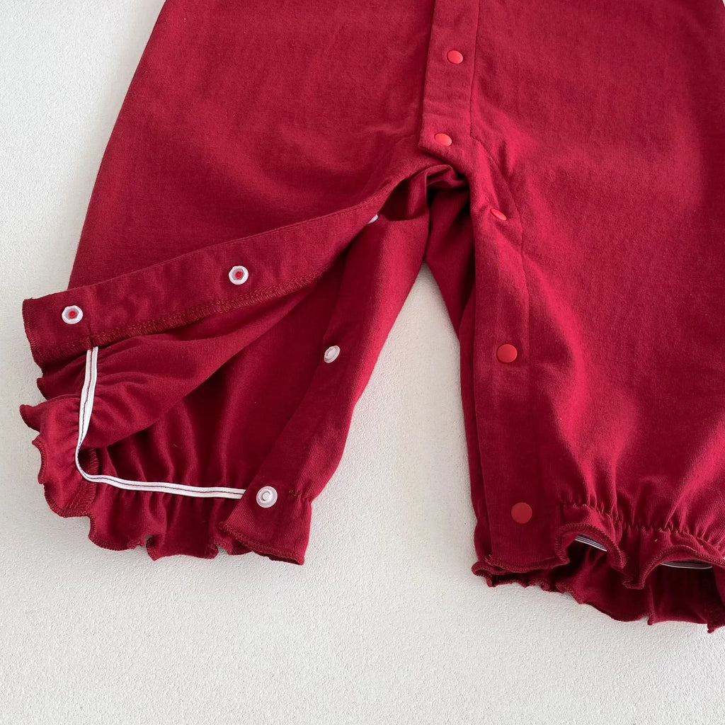 Red cotton long sleeve baby jumpsuit for autumn, double breasted climbing style, suitable for 66-90cm height