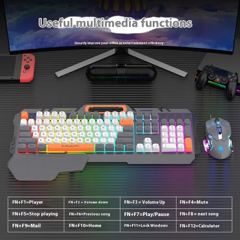 Blue wired gaming keyboard and mouse set with LED backlight on desk