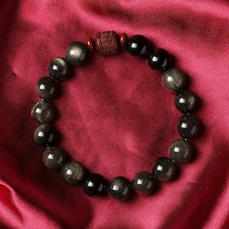 Hand-woven vintage bracelet with 10mm Golden Obsidian beads in national retro style