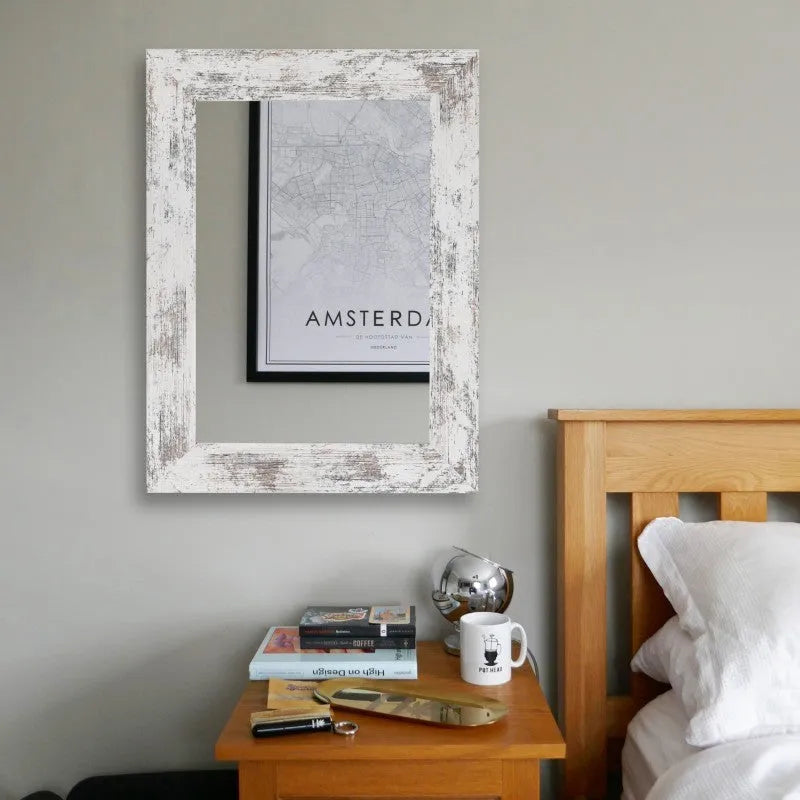 Wall-mounted retro Chinese style dressing mirror in little white colour, shown in bathroom setting