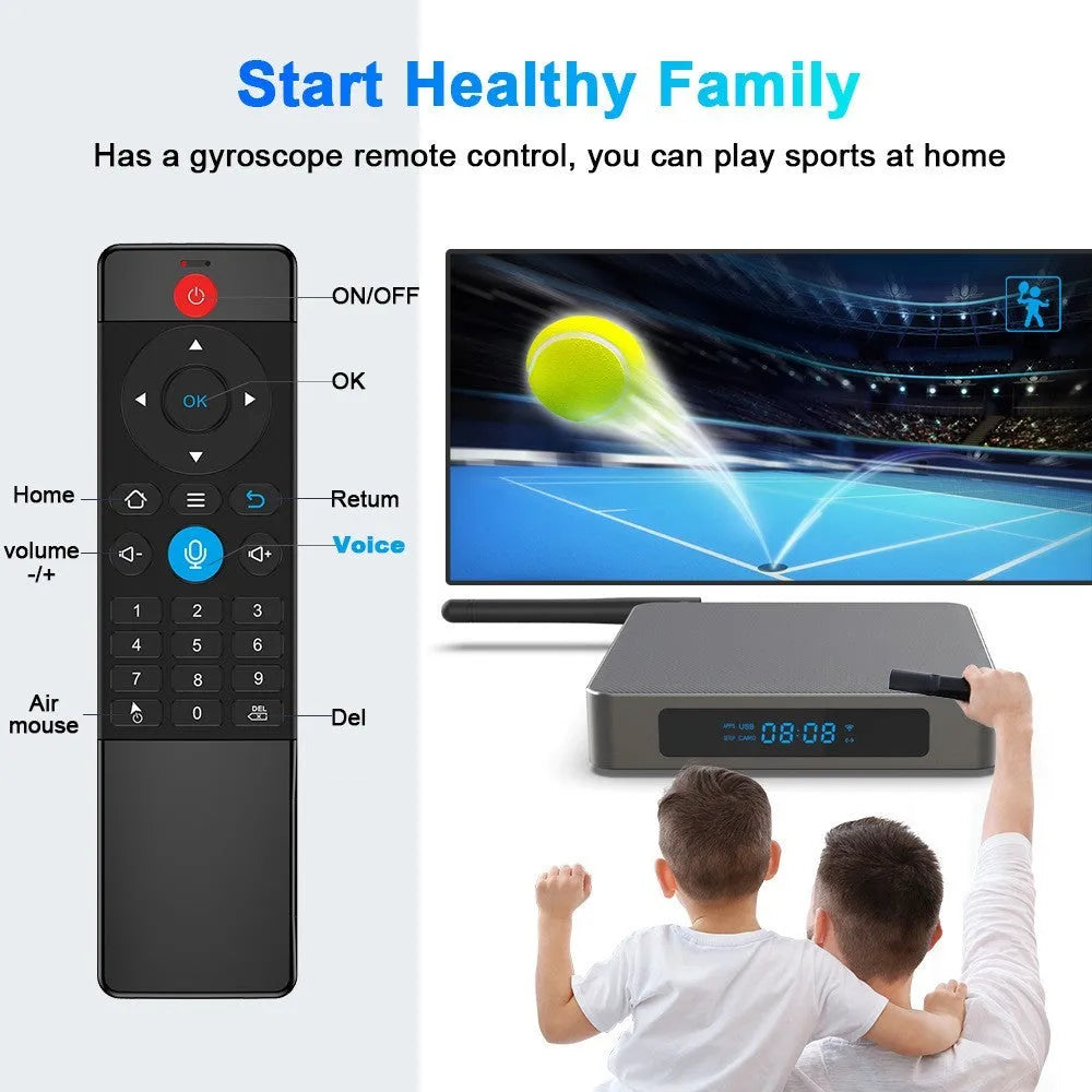 Android TV box with 8K resolution output, RK3566 processor, and compact 105x105x20mm design