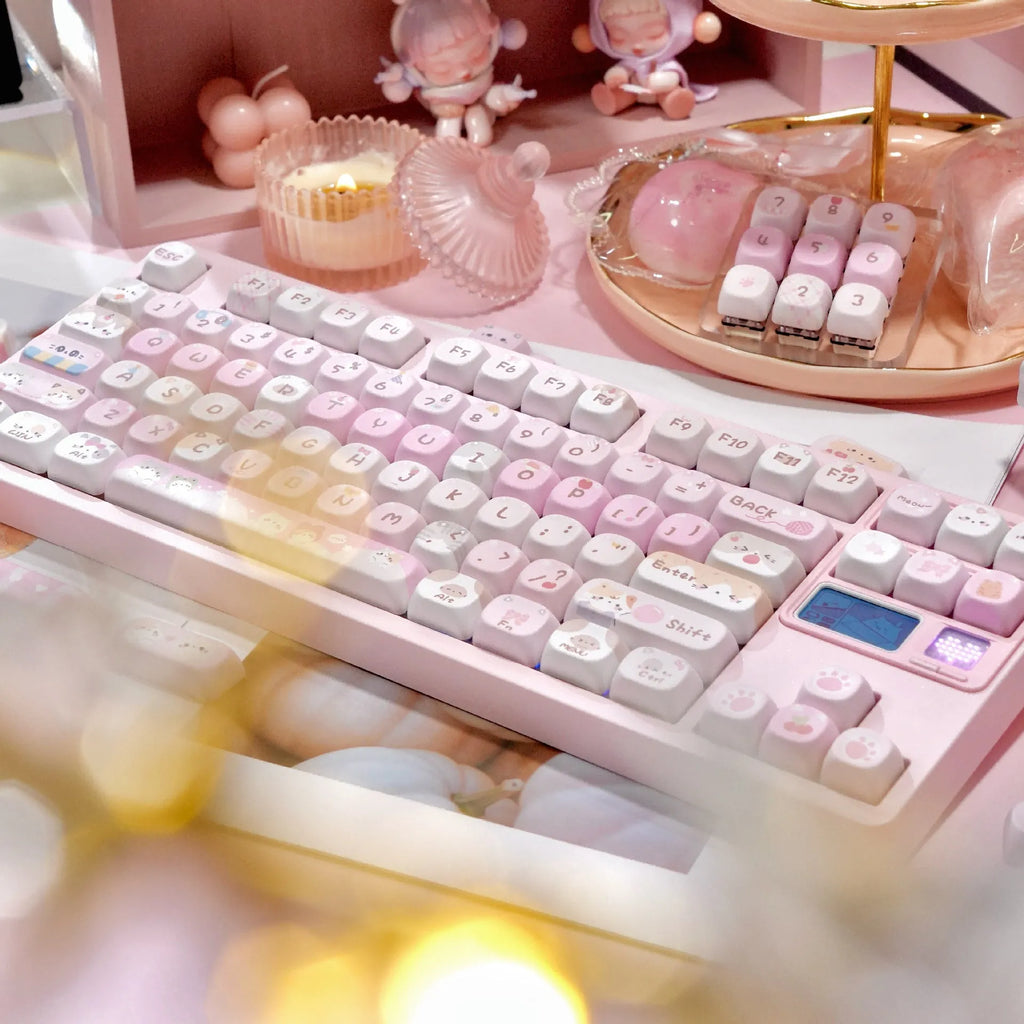 MOA height pink plastic key caps with cartoon character design on all five sides