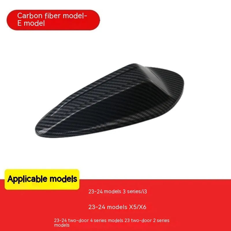 BMW shark fin antenna cover replacement in carbon fibre pattern and piano black finish options.