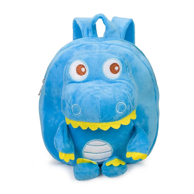 Soft blue dinosaur plush backpack for children with embroidery, shown with a soft handle and polyester lining.