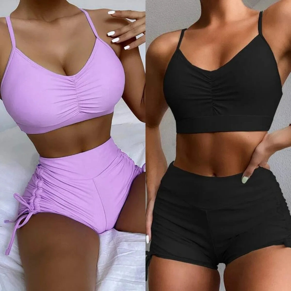 Women's high waisted split bikini swimsuit in black or violet colours