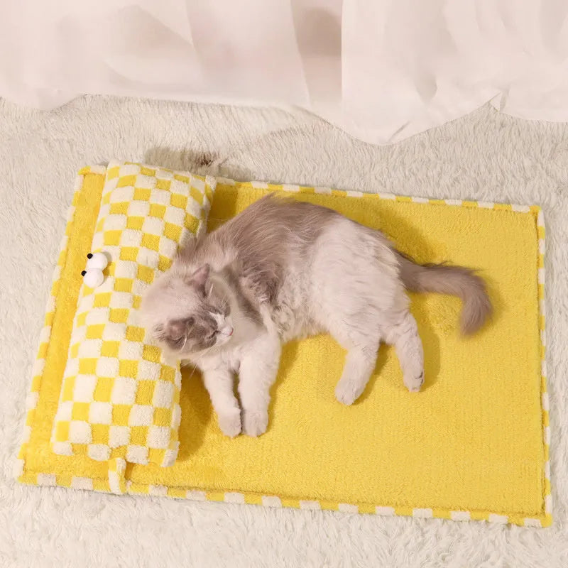 Grey and yellow pet sleeping mat in four sizes for cats and dogs