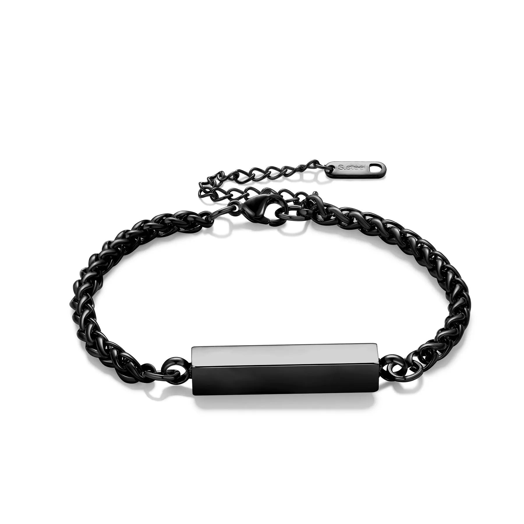Unisex titanium steel rectangular column bracelet 6mm by 30mm on wrist, silver finish with extension chain