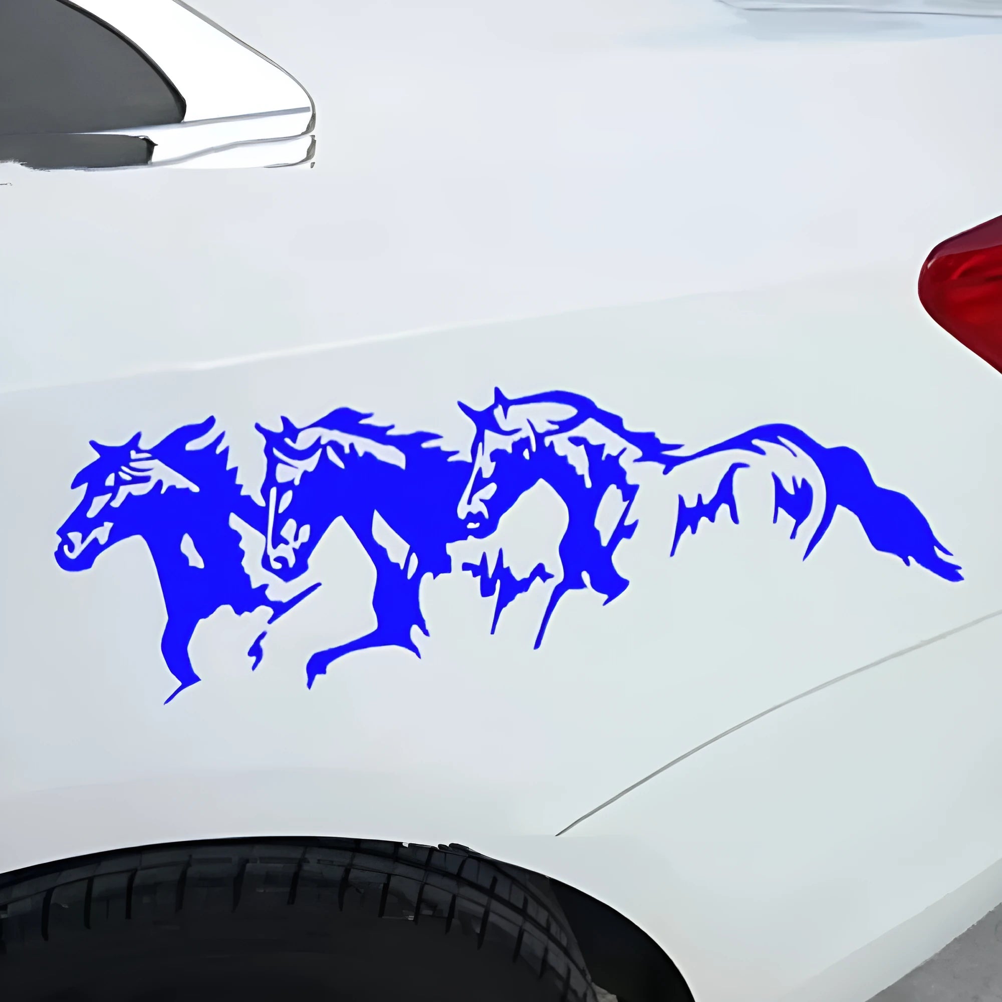 Black, white, red, and blue three horses design car body sticker decal measuring 25 by 8 centimetres