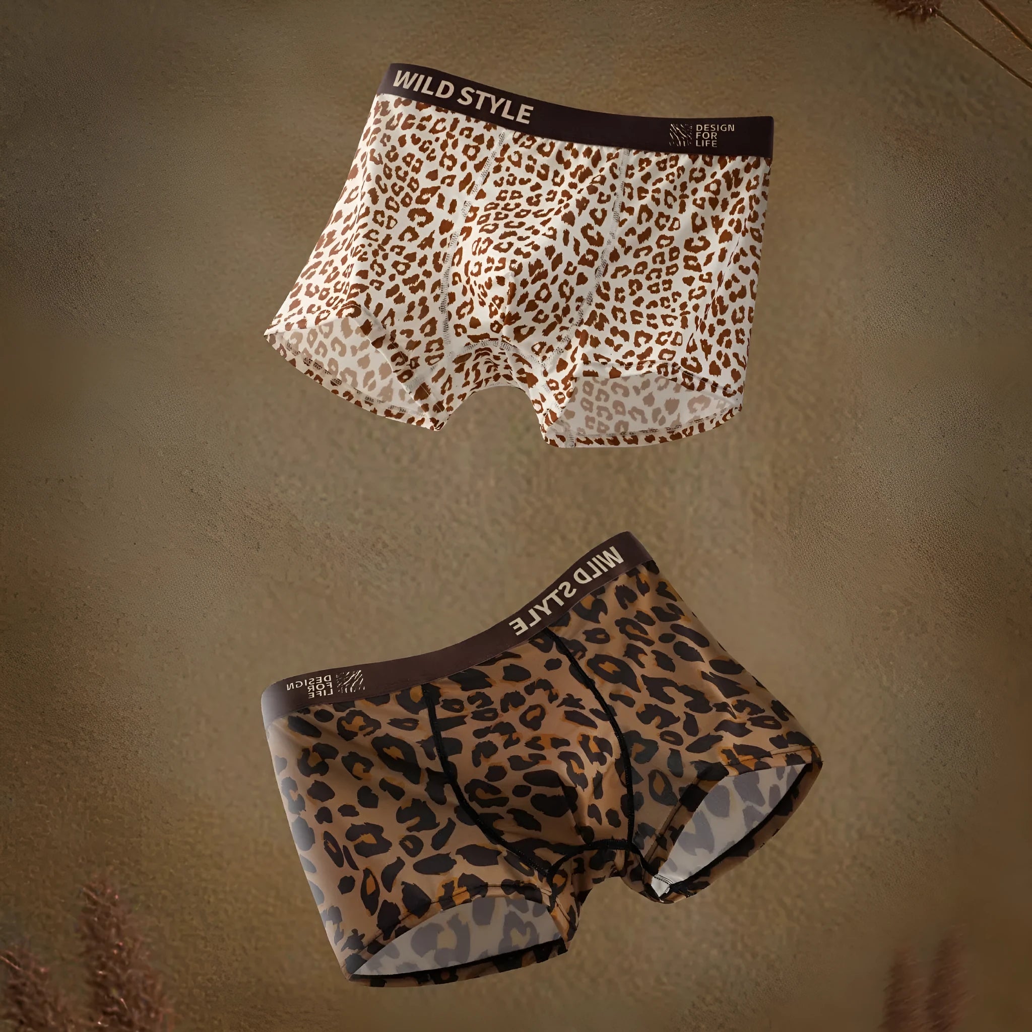 Men's leopard print ice silk underwear trousers in polyester, showing mid-waist fit.