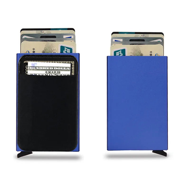Frosted aluminium alloy credit card holder in multiple colours showing slim profile.