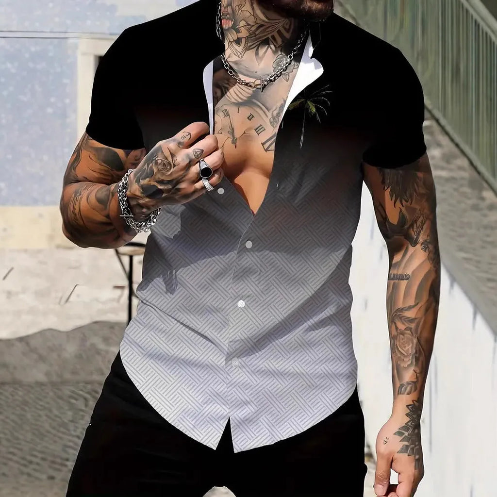 Men's geometric line print short sleeve shirt in slim fit polyester fabric