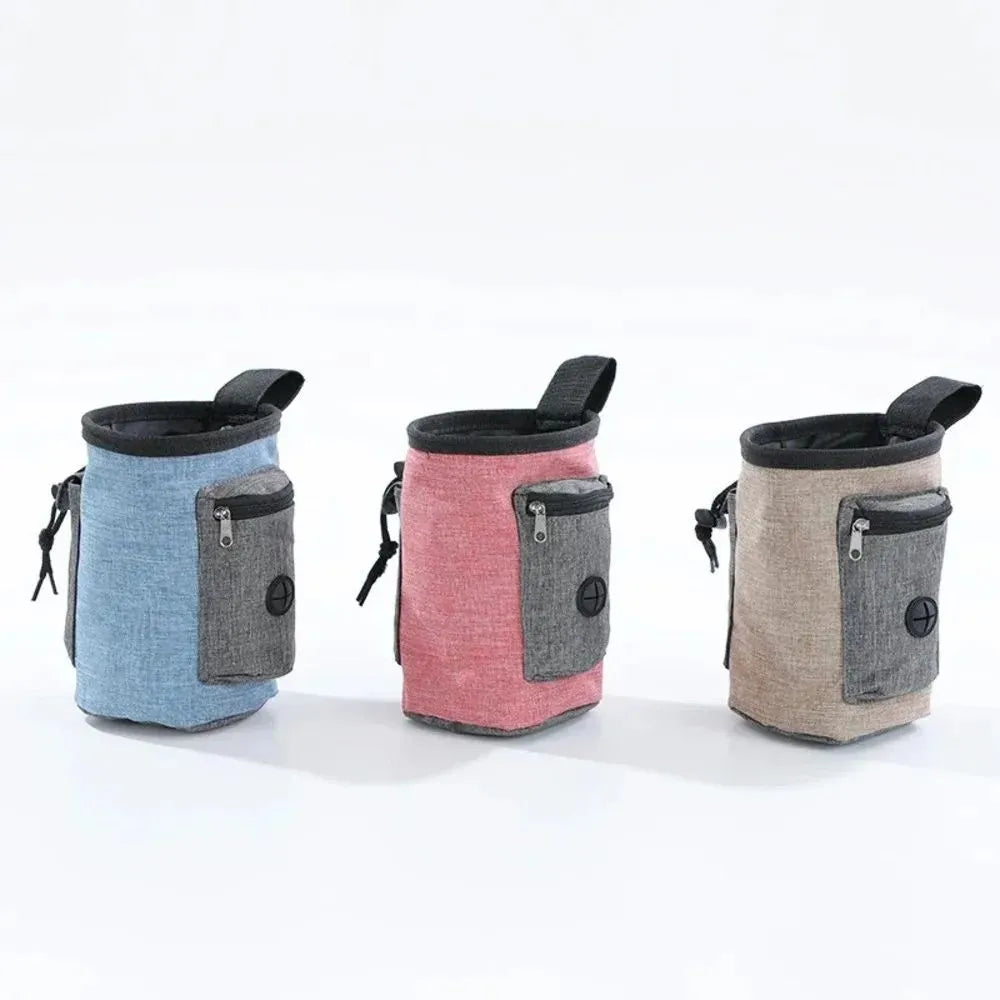 Portable pet outdoor training waist bag in blue, showing clip and elastic opening.