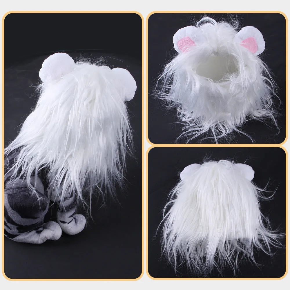 Black lion headgear costume hat on cat with elastic band fitting