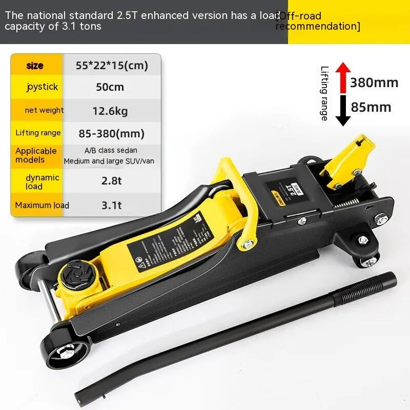 Horizontal hydraulic car lifting jack for low vehicle tyre changes with handle