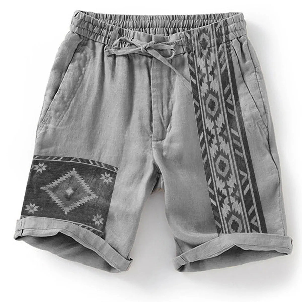 Man wearing blue colour block print loose casual shorts with lace-up waist.