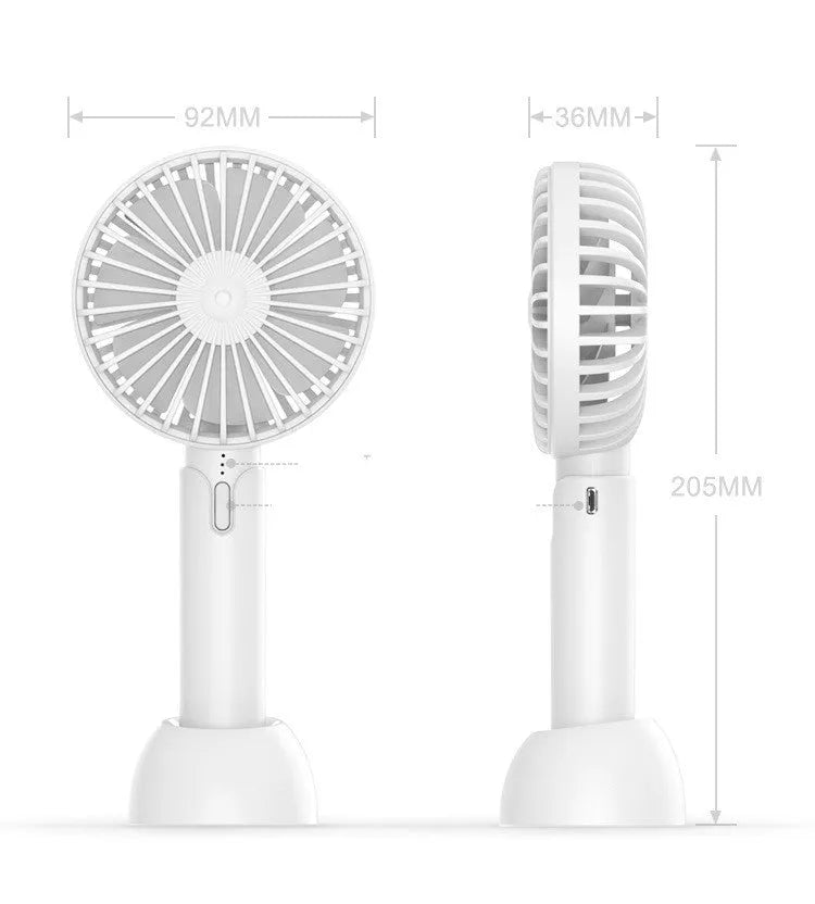 Blue handheld USB mini electric fan with three-speed control on a desk.