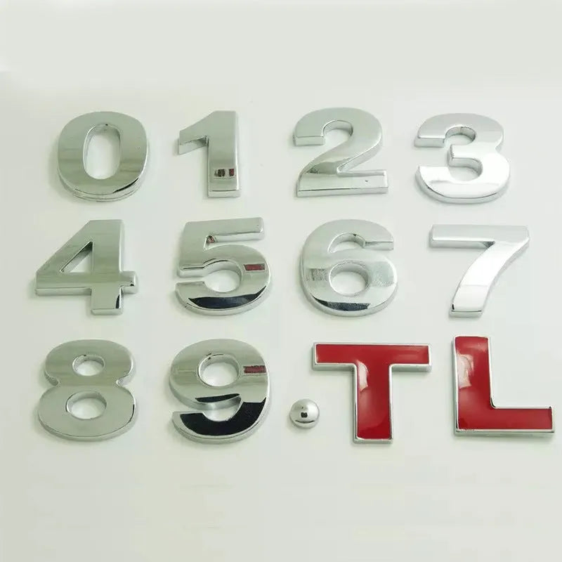 3D metal zinc alloy car bumper sticker showing raised letter A in silver finish, approximately 2.5cm in size.
