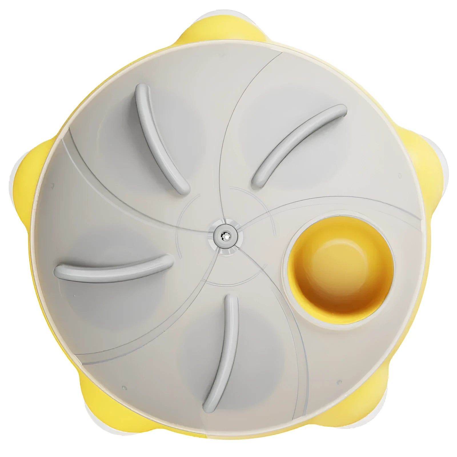 Yellow pet entertainment plate for cats serving as dual-purpose snack bowl and interactive toy
