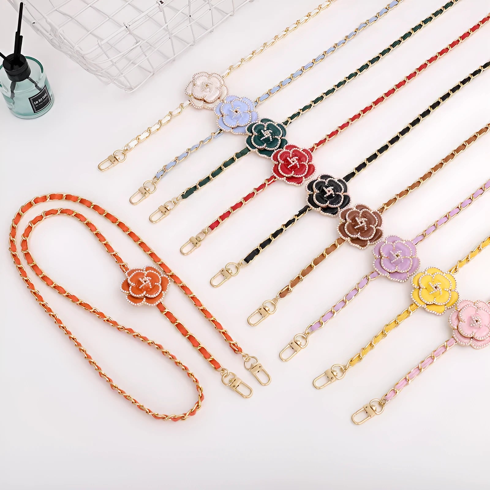 Artificial leather crossbody chain phone lanyard with rose and camellia floral pattern in Korean style, aluminium clip