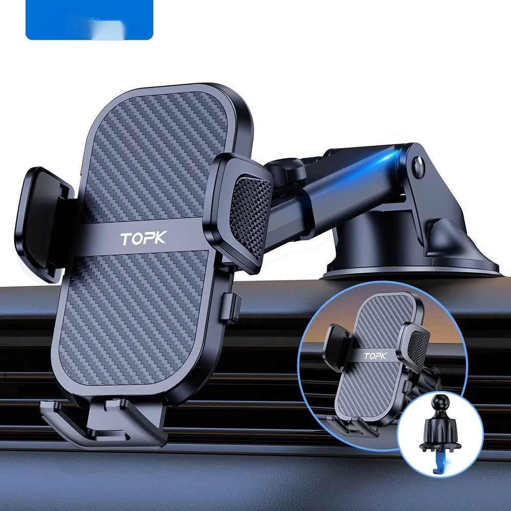 TOPKD46 universal car phone holder with multiple bracket styles for windscreen, vent, and dashboard mounting.