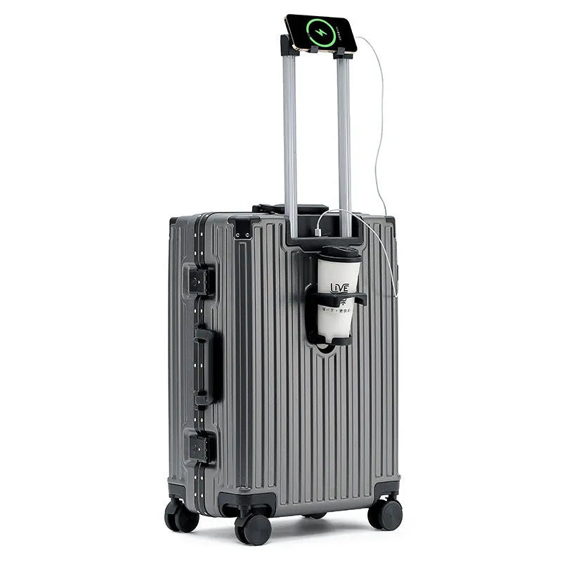 Aluminium frame hard shell ABS PC suitcase in avocado green with universal wheels.