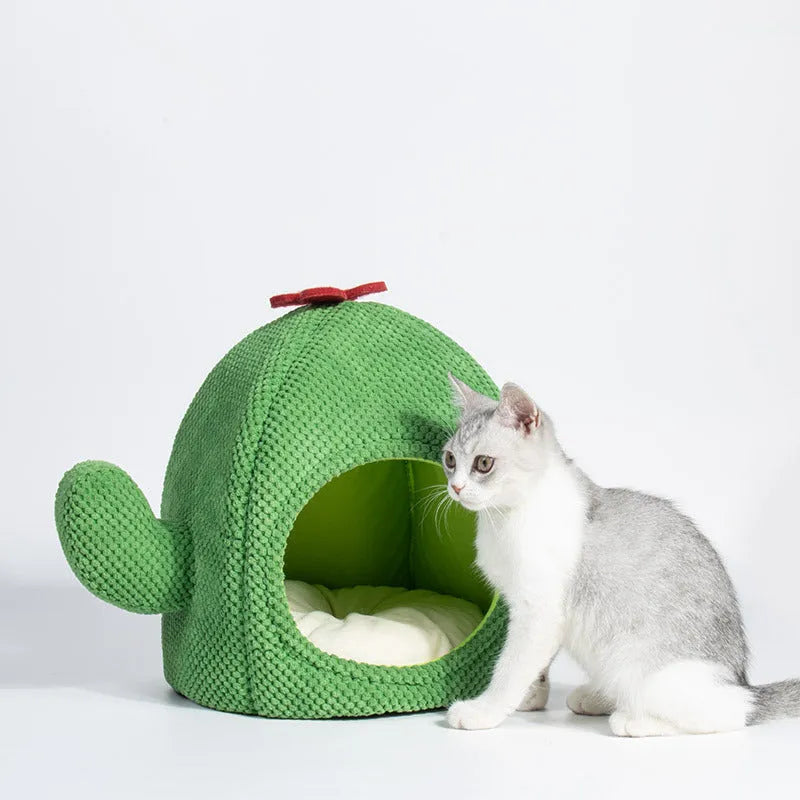 Green cactus-shaped enclosed cat bed with cave design for cats and small dogs