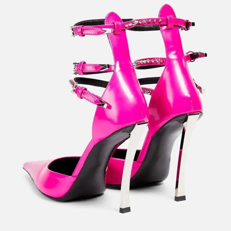 Pointed toe high heel single shoes with metal hollow belt buckle and wrapped toe, 6-8cm profiled heel