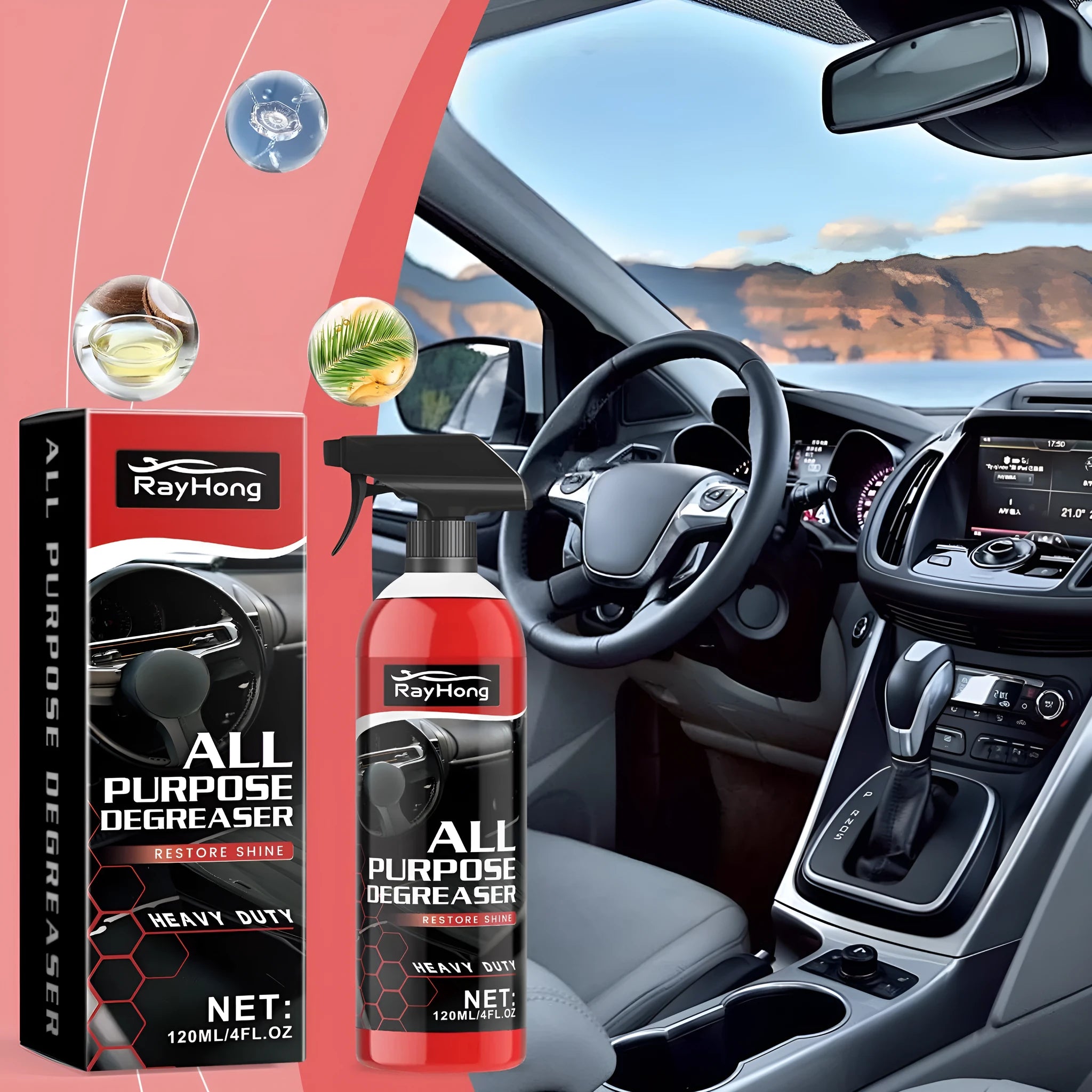 Car multifunction stain cleaner 120ml bottle with green label and trigger spray