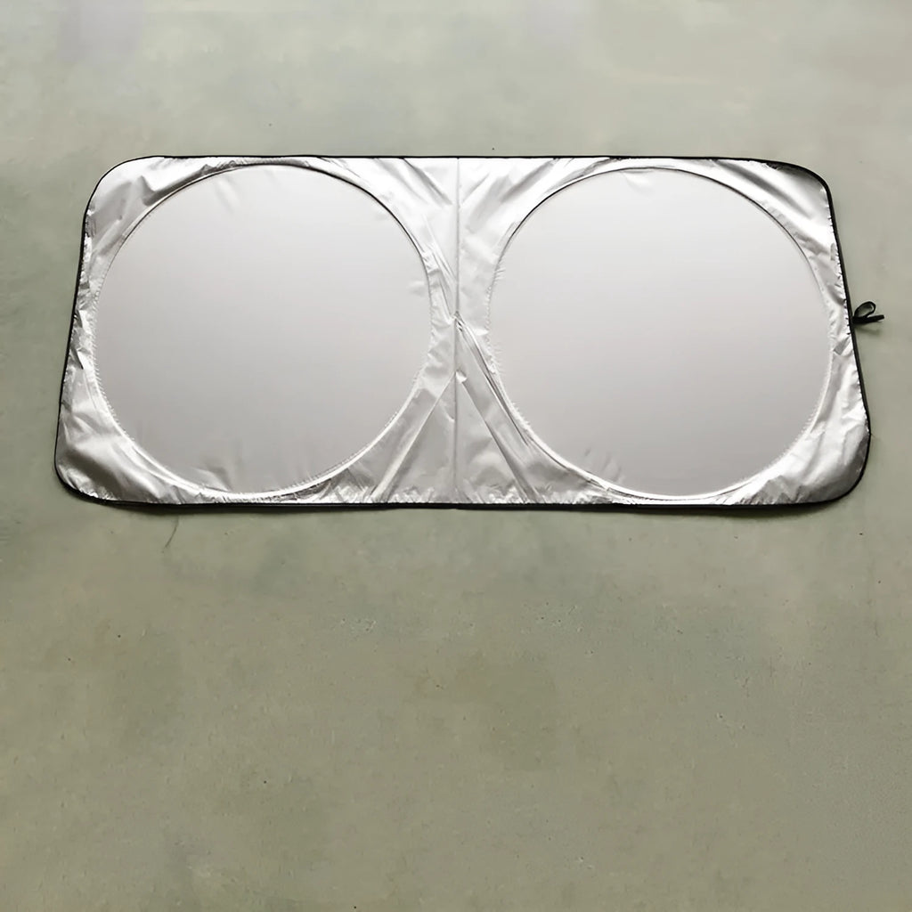 Silver tape car sunshade unfolded showing 190x90cm dimensions with cloth storage bag