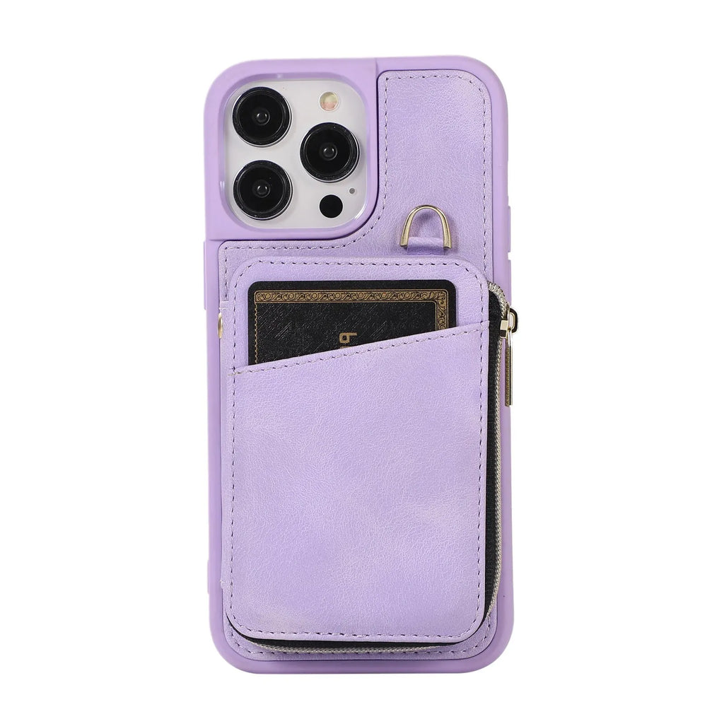 Leather wallet phone case with card holder, bracket and lanyard in pink, purple, wine red, brown, green or black