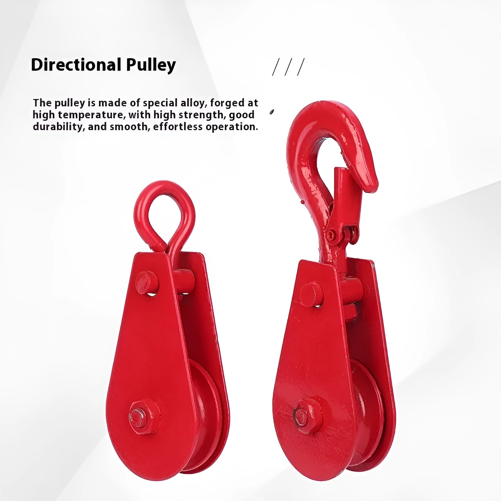 Red industrial lifting pulley with a safety latch on the forged steel hook.