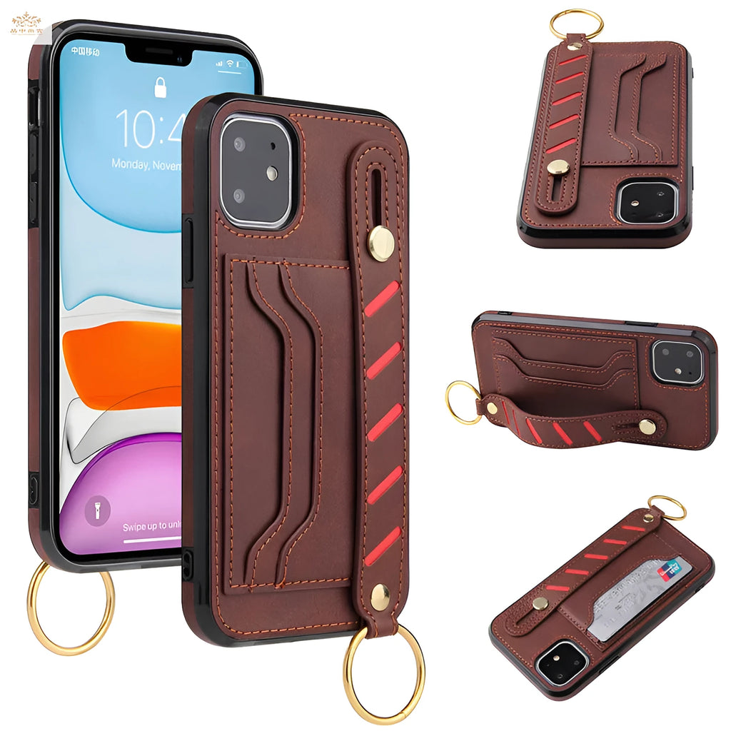 Imitation leather phone case for iPhone in retro solid colour texture with a leather grain finish shown in black