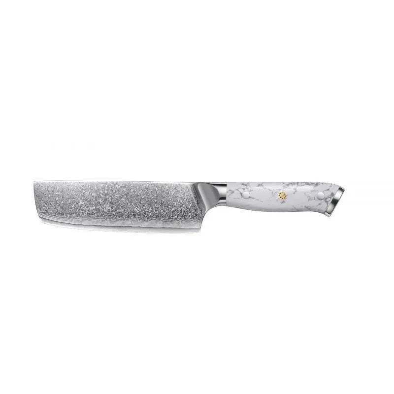 Damascus pattern chef's knife with 32cm total length on kitchen counter