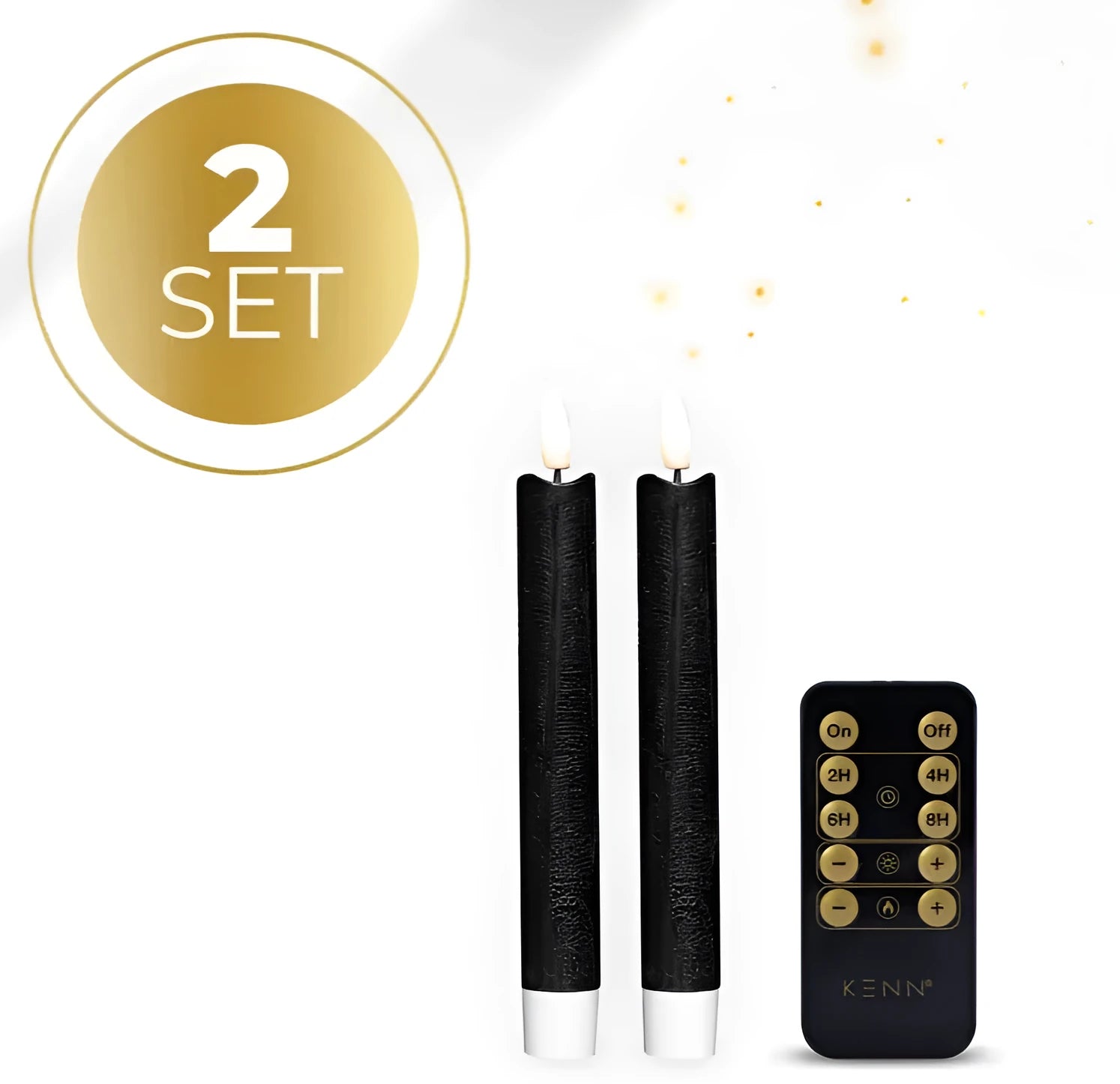 Set of four black LED taper candles with realistic 3D flame effect on a table.