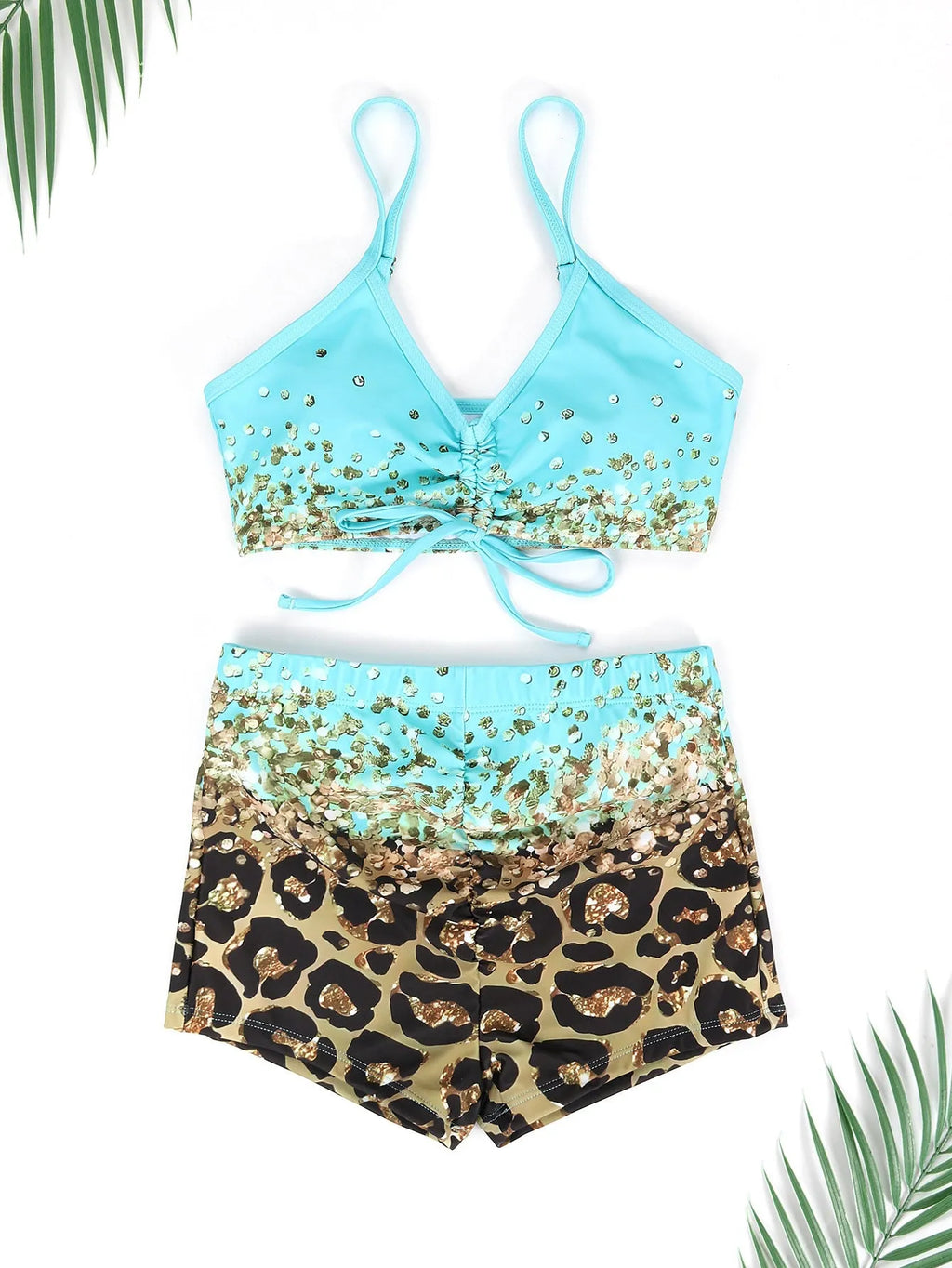 Women's lake blue swimsuit set with sleeveless sling top and high waist shorts