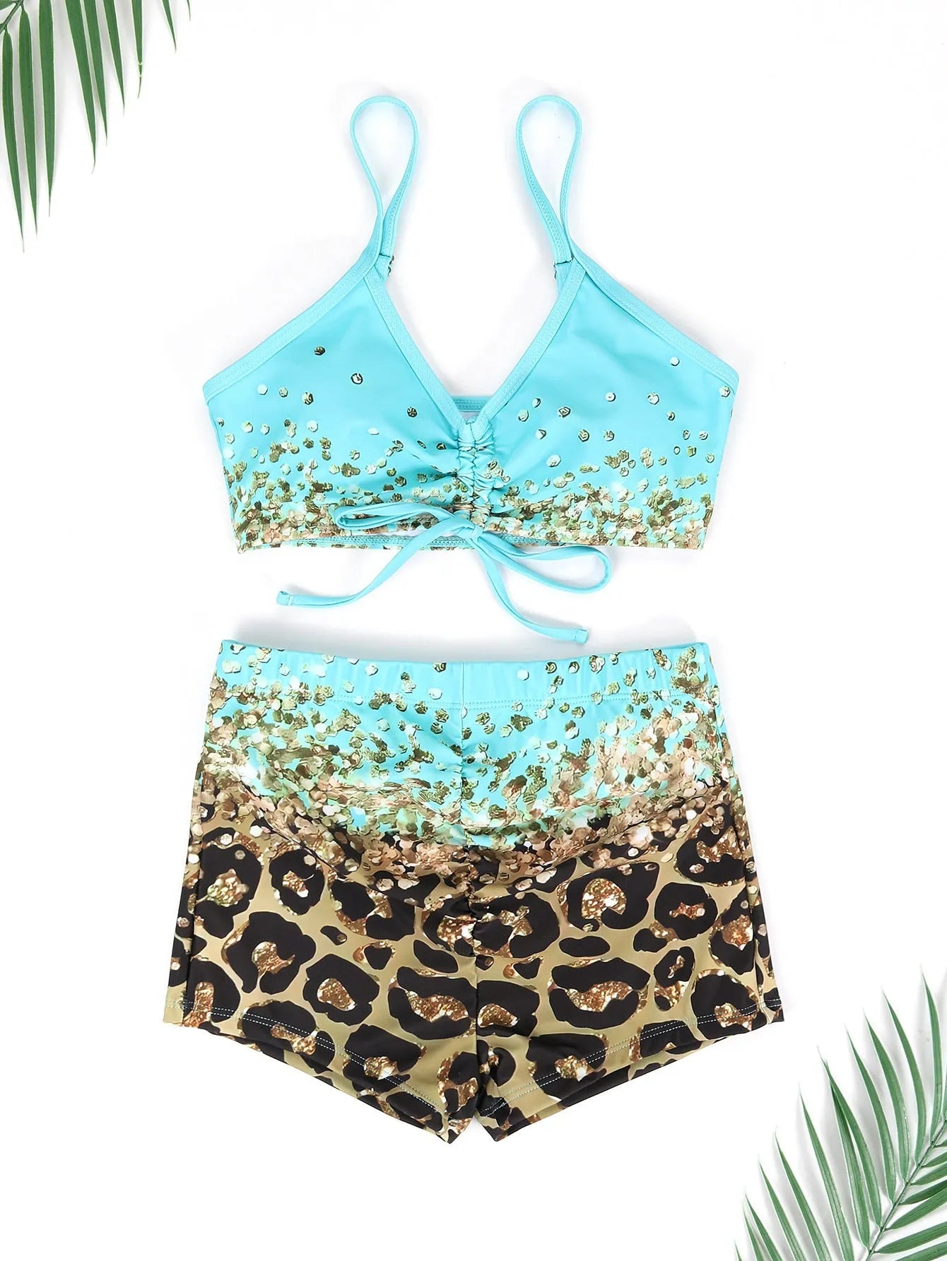 Women's lake blue swimsuit set with sleeveless sling top and high waist shorts